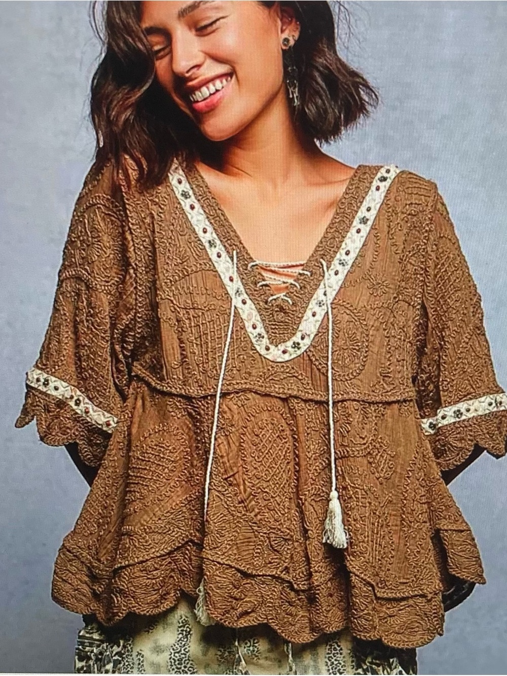 POL Brown Lace Peasant Tunic with Flower Studs and Stone Accents